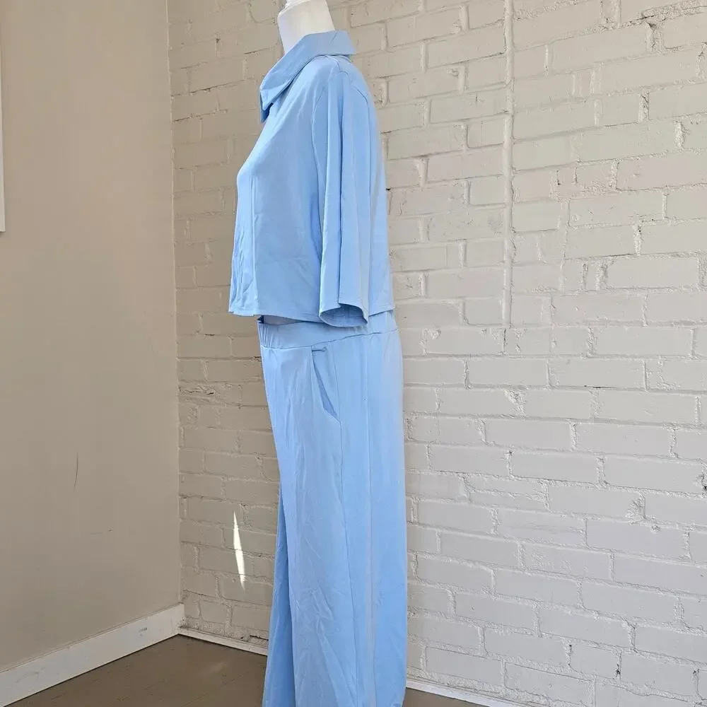 ​Baby Blue Co-Ord Set Collared Crop Top & Wide Leg Pants┃Pastelcore Soft Girl